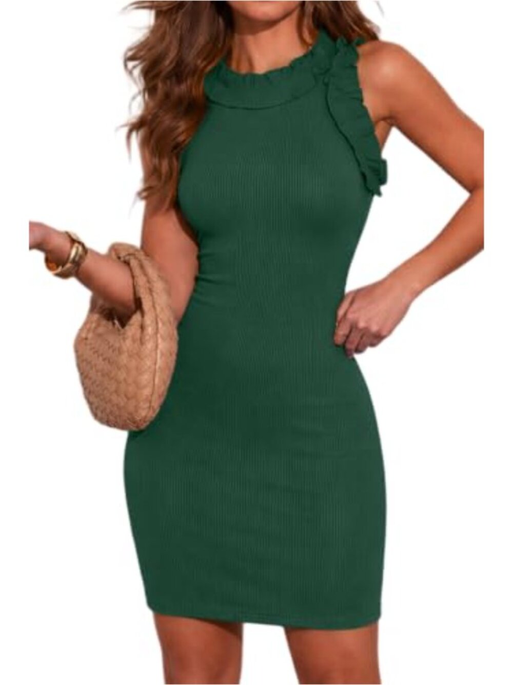 Ribbed Bodycon Mini Dress Ruffle Mock Neck Sleeveless Party Club Going Out